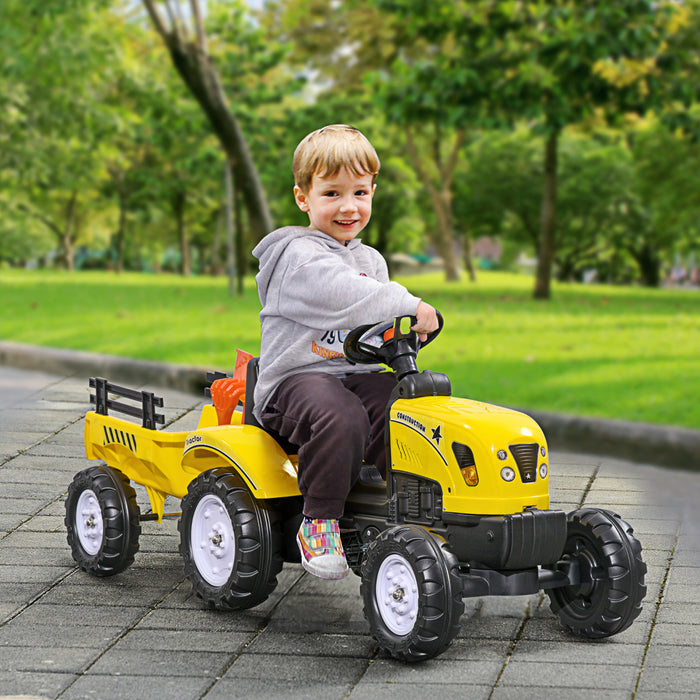 Aosom Ride On Excavator For Kids, Pedal Ride On Tractor With Back Storage Trailer, Shovel, Rake, Horn, For Toddlers 3 Year Old, Yellow