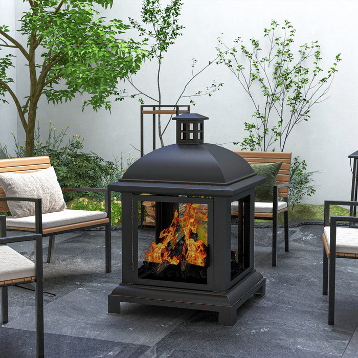 Outsunny 26\" Fire Pit With Poker, Chimney Style Wood Burning Firepit, Black