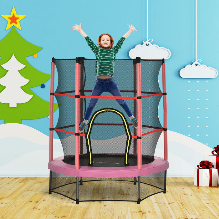 Outsunny 55\" Kids Trampoline with Enclosure Net Steel Frame Indoor Round Bouncer Rebounder Age 3 to 6 Years Old, Pink