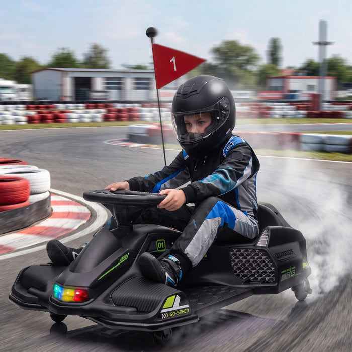 Aosom 12V Electric Go Kart, Battery Powered Drift Cart with 2 Speeds, Soft Start, PU Wheels, 5 MPH High Speed, Ride on Toy with Music, Colourful LED Lights, for Ages 8-12, Black
