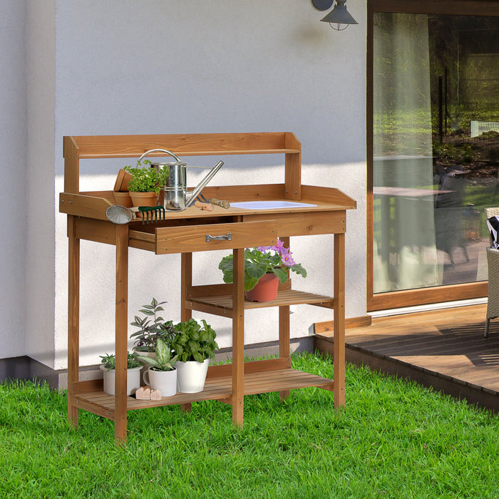 Outsunny Potting Bench Table Garden Work Bench Workstation with Drawer, Removable Sink, Storage Shelves and Hooks for Patio, Courtyards, Balcony, Natural