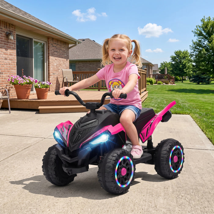 Qaba 12V Kids ATV, Electric Ride On Quad with Dual Motors, Rear Suspension, 2.2 MPH Max, Light-Up Wheels, Music, Horn, USB, MP3, Headlights for Boys Girls 3-6 Years, Red