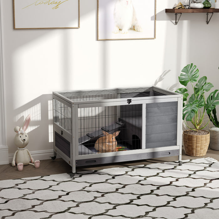 Pawhut Wooden Indoor Rabbit Hutch Elevated Bunny Cage Habitat With Enclosed Run With Wheels, Ideal For Rabbits And Guinea Pigs, Grey