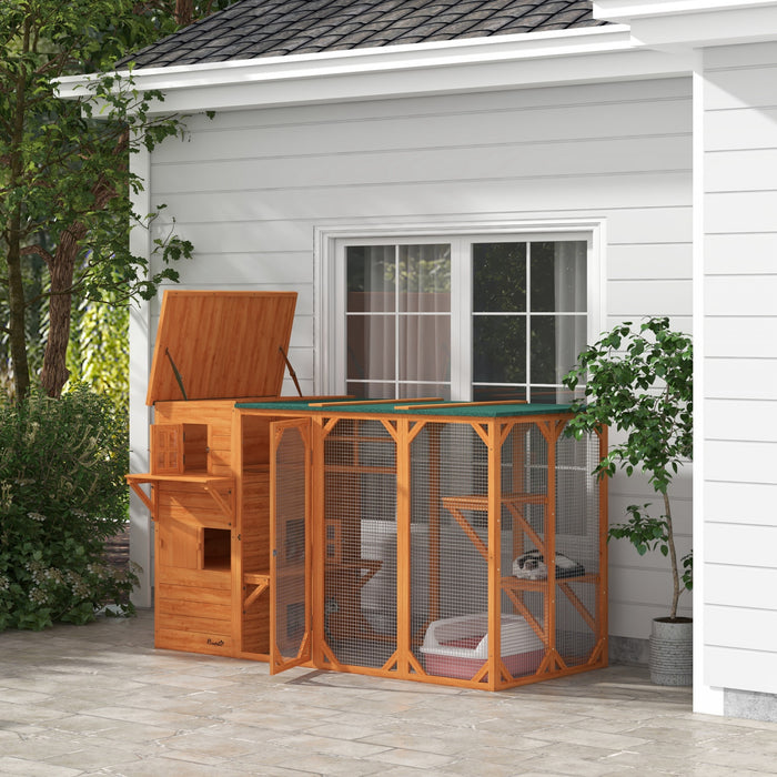 Pawhut Wooden Cat Catio, 76\"l Walk In Outdoor Cat House With Asphalt Roof, Platforms, Lockable Doors, 3-tier Resting Condo, Observation Window, For 2-3 Cats, Orange