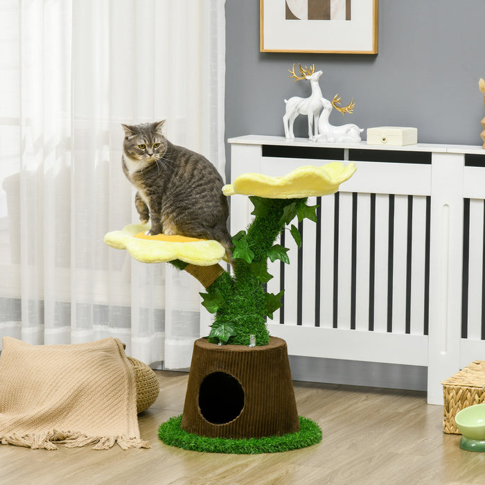 Pawhut 18\" Plush Cat Tree With Two Flower Platforms, Multi-activity Centre Cat Tower With Jute Scratching Posts, Elevated Perches, Round Roomy Condo With Door, Green