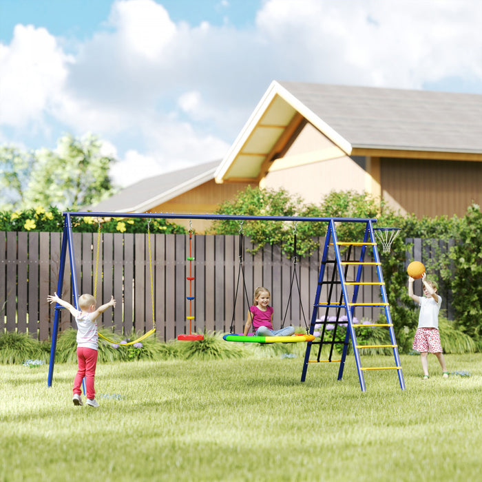 Qaba Swing Set for Backyard, 6 in 1 Heavy Duty Large Metal Swing Set with A-Frame, Belt Swing, Saucer Swing, Disc Rope Swing, Climbing Ladder, Basketball Hoop and Net