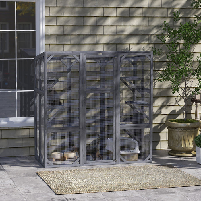 Pawhut Catio, Outdoor Cat Enclosure With 6 Jumping Platforms, Weatherproof Roof, Large Front Door, Wooden Cat House Cage For 1-3 Kittens, 59\" X 28\" X 60\", Grey