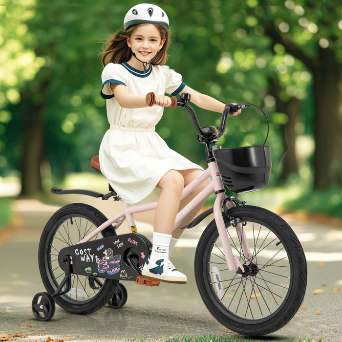 Costway 18\" Kid's Bike With Training Wheels Adjustable Handlebar & Seat Handbrake Pink
