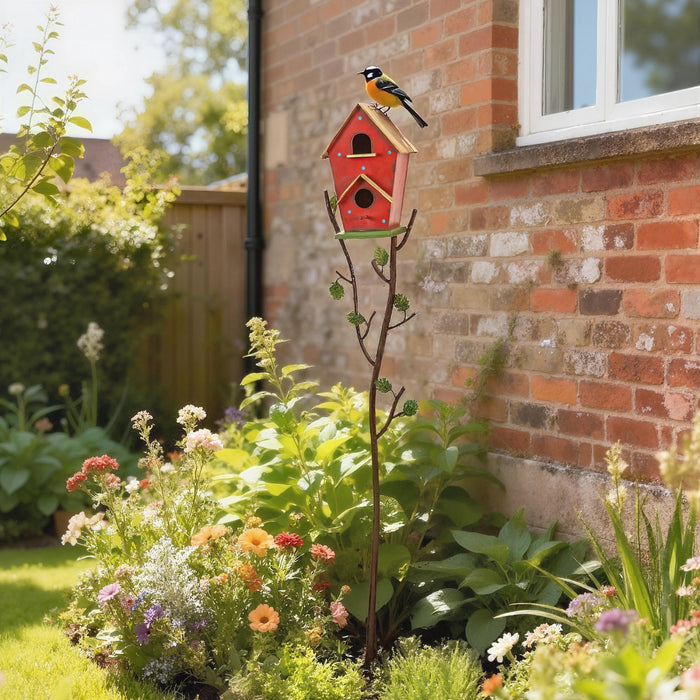 Outsunny Outdoor Bird House with Pole, 57\" Metal Birdhouse Decor, Red