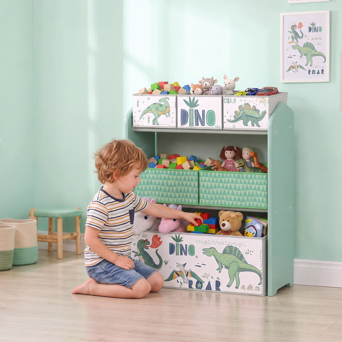 Qaba Kids Storage Organizer with 6 Storage Bins, 3-Tier Children's Storage Shelf for Bedroom, Kids Room, Large Organizer Rack for Toys and Books, Green