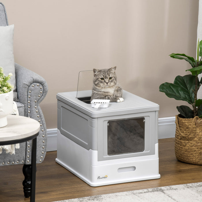 Pawhut Cat Litter Box, Top Entry Enclosed Kitty Litter Box With Scoop, Tray, Foldable Portable Kitten Litter Box Enclosure With Front Entry, Large Space, Grey