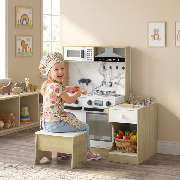 Qaba Kids Kitchen Playset, 2-in-1 Convertible Table and Chair Set, Kids Play Kitchen Set with Sink, Oven, Microwave, 5 Pcs Stainless Steel Cookware Accessories, Storage for Age 3-8