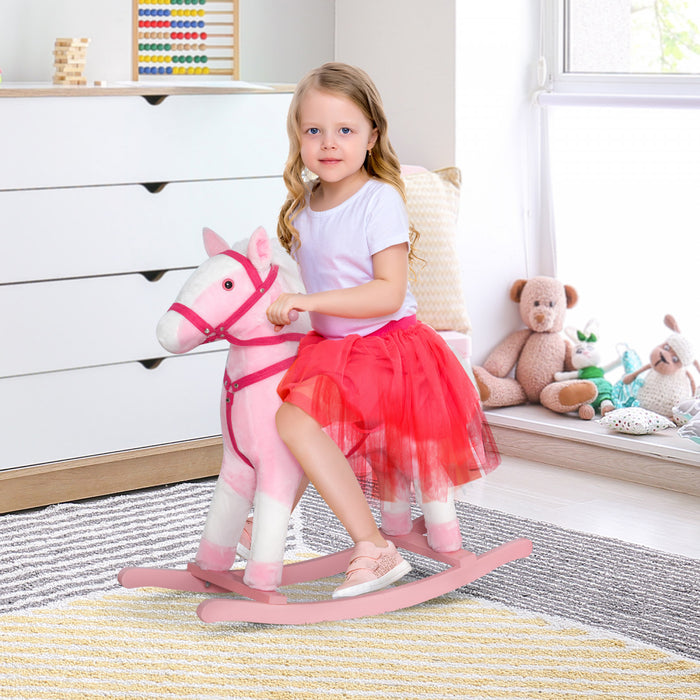 Qaba Rocking Horse Plush Pony Children Kid Ride On Toy W/ Realistic Sound (light Pink)