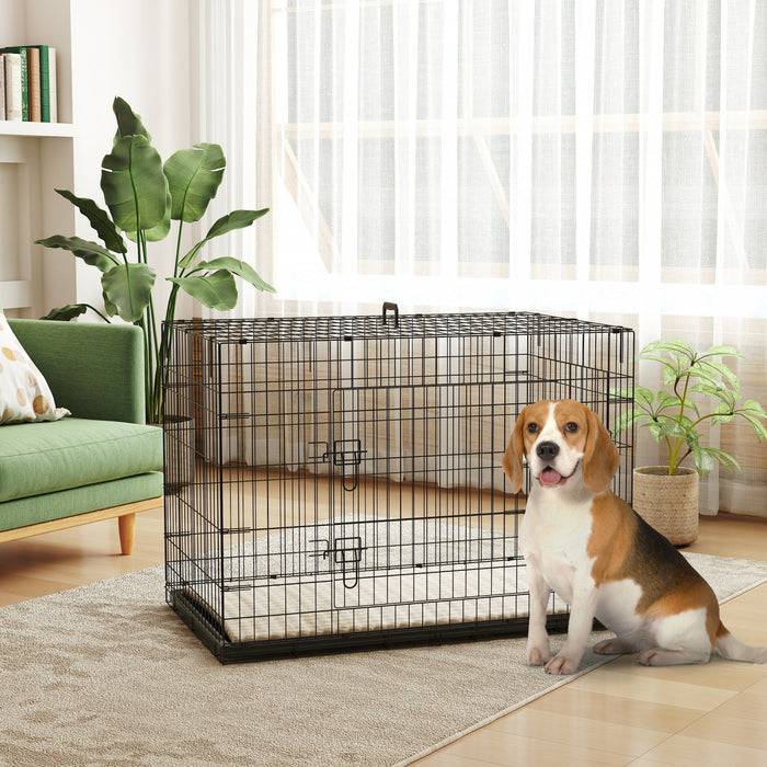 Pawhut Dog Crate, 41\" Folding Metal Dog Kennel With 2 Doors, Removable Tray, Soft Cushion, Handle, Pet Cage For Extra Large Dogs, Black