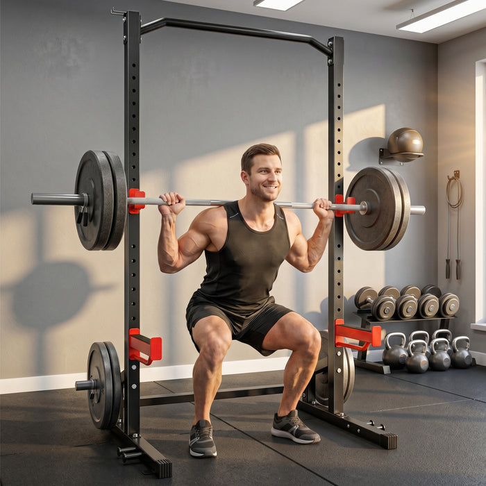 Soozier Power Cage Squat Rack, 1100LB Capacity Power Rack with Pull-Up Bar, Adjustable J-Hooks, Safety Arms, Weight Plate and Barbell Storage for Home Gym Strength Training