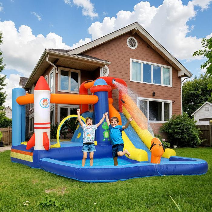 Qaba 11.8 X 8.2ft Bounce House, Inflatable Bouncy Castle For Kids Outdoor With 550w Blower, 5 In 1 Bouncer With Slide, Splash Pool, Jumping Area, Climbing Wall, Cannon