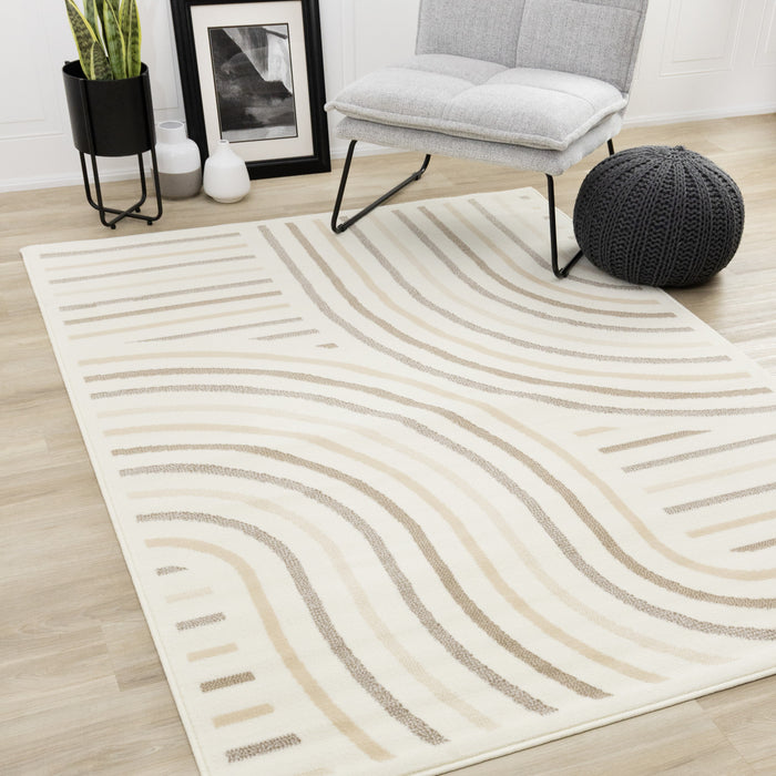 Florence Cream Beige Brown Curved Lines Design Rug, 7'6\" x 9'6\" Indoor Area Rug