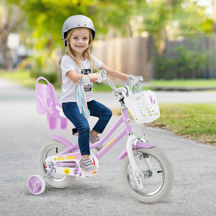 Costway 12 Inch Kids Bike With Training Wheels Doll Seat Basket Streamers Hand Brake Purple