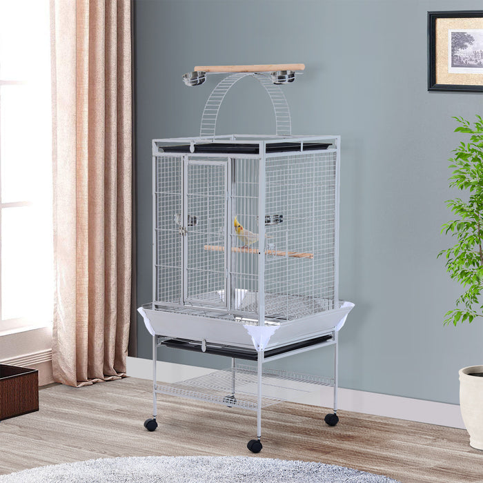 Pawhut 63.5\" Bird Cage For Cockatiels, Conure, African Greys, Porcupines, Indian Ringnecks, Parrot Cage With Wheels, Bird Feeder Stand, Play Top House, Silver