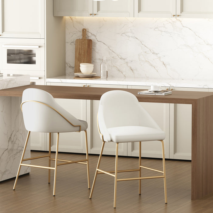 Gracie Modern Metal Upholstered Counter Stool in White and Gold - Set of 2