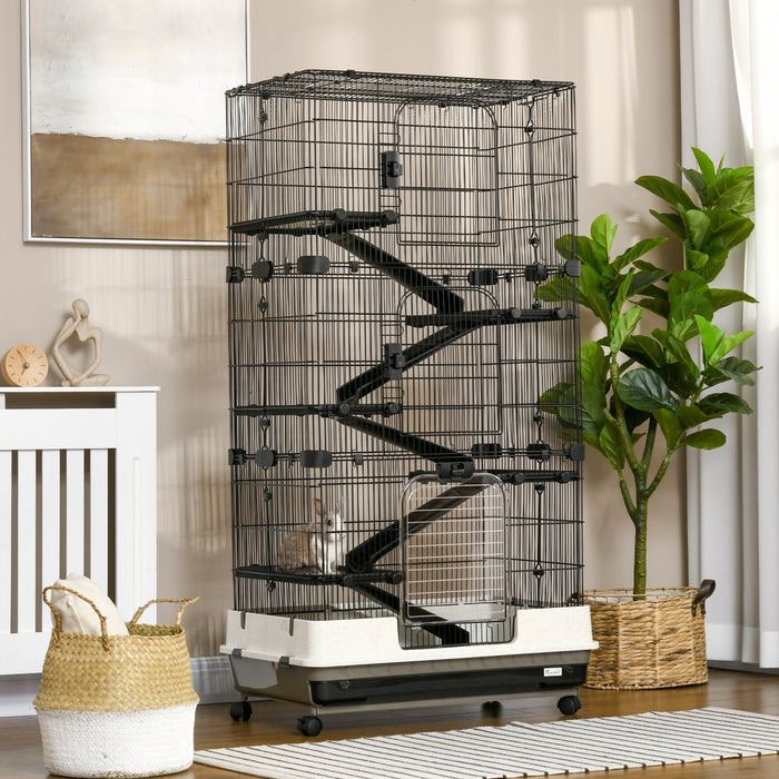 Pawhut 6-tier Platform Rolling Small Animal Cage Rabbit Hutch Pet Play House With Platform, Ramp,removable Tray. 4 Universal Wheels (black) For Bunny Pet Mink Chinchilla