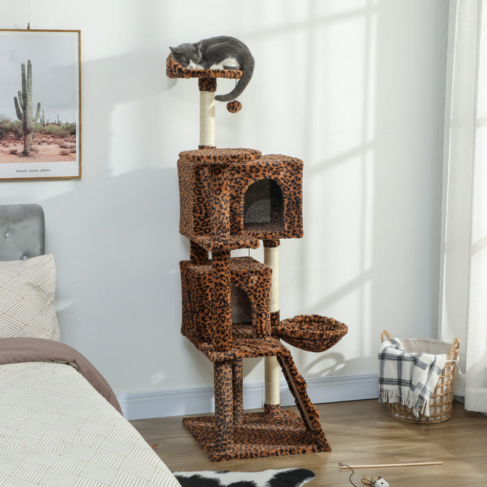 PawHut Cat Tree, 63 Inch Multi-Level Large Cat Tower with Sisal Scratching Posts, Condos, Plush Perches, Hammock, Ladder, Dangling Balls, for Indoor Kittens, Leopard Print
