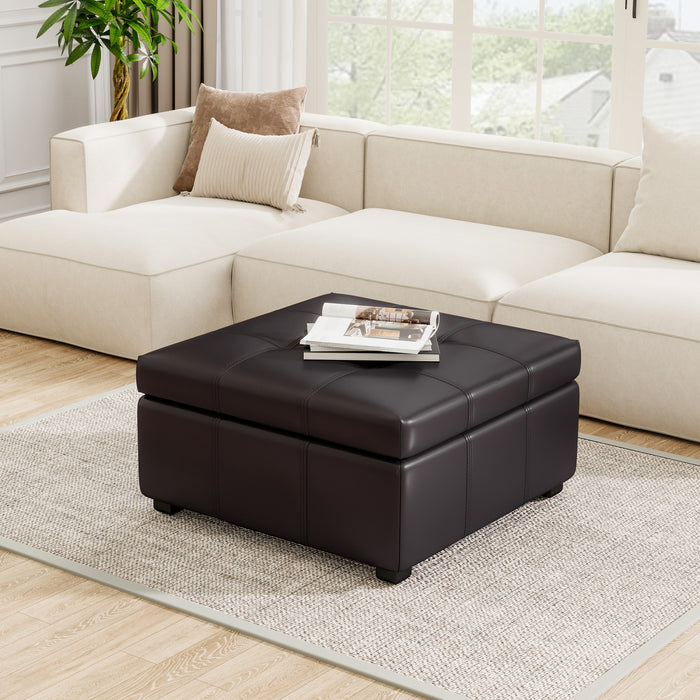 Liam 34.25\" Large Square Faux Leather Ottoman Coffee Table with Storage,Chocolate