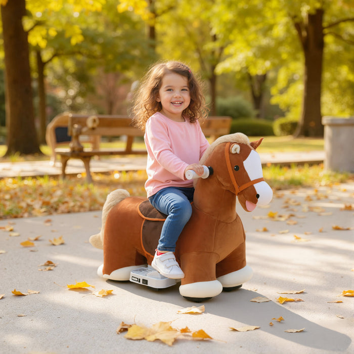 Qaba 6V Ride on Toy Horse, Battery Powered Kids Electric Ride on Horse with Music, Soft Touch, Silent PU Wheels, Forward, Riding Toy Gift for Boys Girls 1.5-5 Years Old, Dark Brown