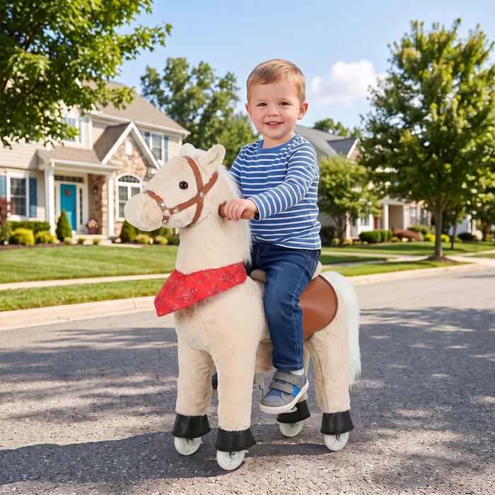 Qaba Ride on Horse for Kids Ages 2+, Plush Ride on Pony Toys with Rotatable Head, Wheels, Neighing Sounds, Riding Horse for Active Play, Birthday Gift, Up to 132 lbs, Light Brown