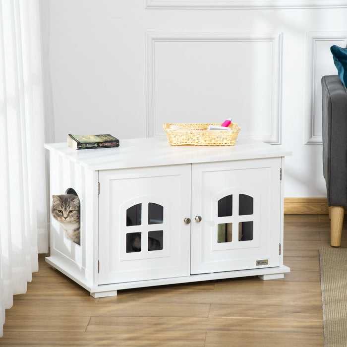 Pawhut Cat Litter Box Enclosure Hidden Cat Furniture Cabinet Indoor Cat Washroom Double-door Nightstand End Table With Cat Hole Window White