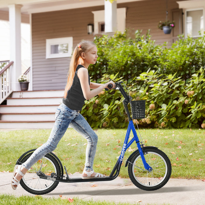 Aosom Scooter For Kids 5-12 Years Old, Teen Big Wheel Scooter With Adjustable Height, 16\" Inflatable Rubber Tyres, Dual Brakes, Cup Holder, Basket, Mudguard - Blue