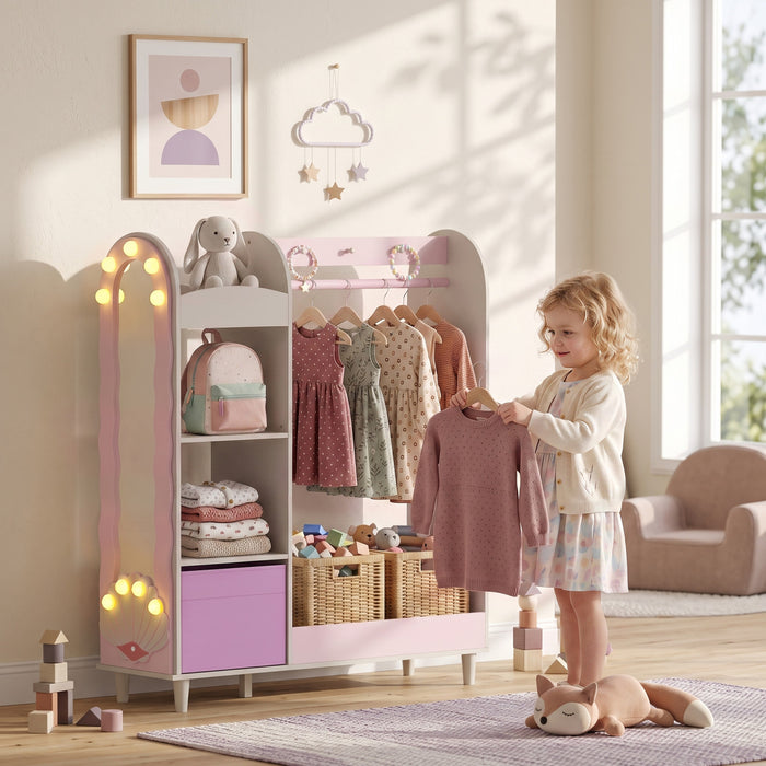Qaba Kids Clothing Rack, Kids Wardrobe with Glowing Bulb Lights Mirror, Non-Woven Drawer and Shelves for Bedroom, Coat Rack for Ages 3-8, Pink
