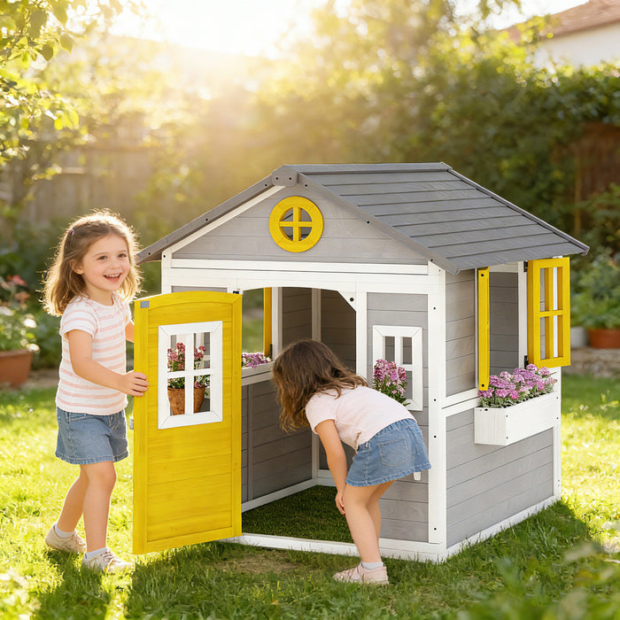 Outsunny Kids Outdoor Playhouse, Wooden Toddlers Large Pretend Play Equipment or Chicken Coop with Door, Windows, Planter Pots for Indoor Playroom, Gift Toys for 3-8 Years, Yellow