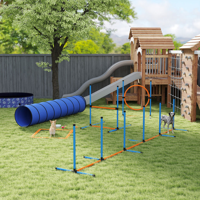 PawHut Dog Agility Training Equipment, 8PCS Dog Obstacle Course Starter Kit with Tunnel, Weave Poles, Adjustable Hurdles, Jump Ring, Pause Box, Bowl, Toys and Carrying Bag