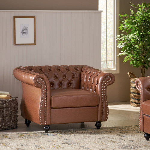 Gibbon Comfy Faux Leather Upholstery Arm Chair With Tufted Back,brown Accent Chair