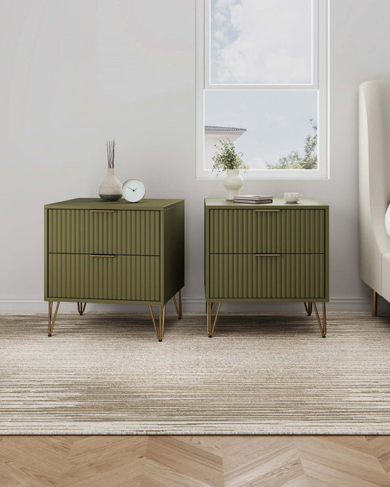 Dumbo Modern 20\" Fluted Nightstand in Olive Green (2-Drawer) - Set of 2