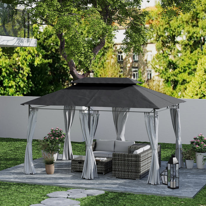 Outsunny 10' x 13' Double Roof Patio Gazebo With Curtains, Dark Grey