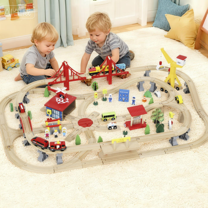 Qaba Wooden Train Set, 133 Pcs Toy Railway Set for Kids Toddlers, Boys & Girls 3+ Years with Track, Battery Towered Train, Crane, Bridge & Accessories, STEM Toys Gift for Children