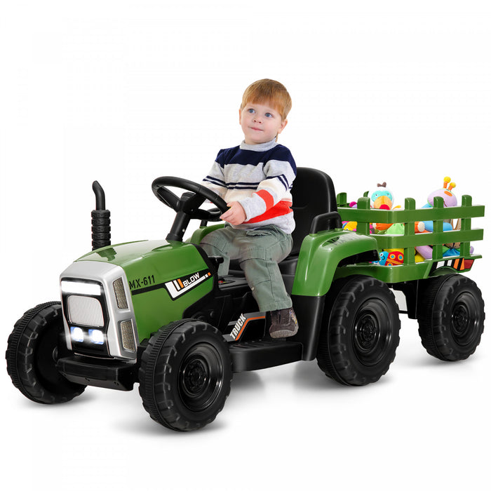 Costway 12v Kids Ride On Tractor With Trailer Ground Loader W/ Rc & Lights Dark Green