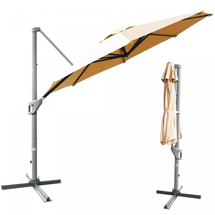 Costway 11ft Patio Offset Umbrella Cantilever Rotation Aluminum Tilt Cross Base Beige
