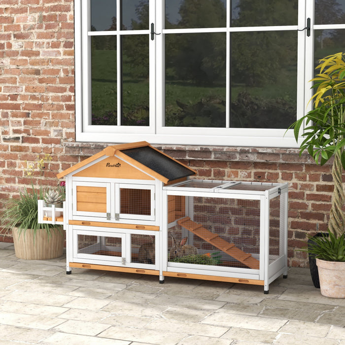 Pawhut 65\" Wooden Rabbit Hutch, Pet Playpen With Openable Roof, Bunny House Enclosure With Storage Box, Slide-out Tray, Ramp, For Rabbits And Small Animals, Yellow