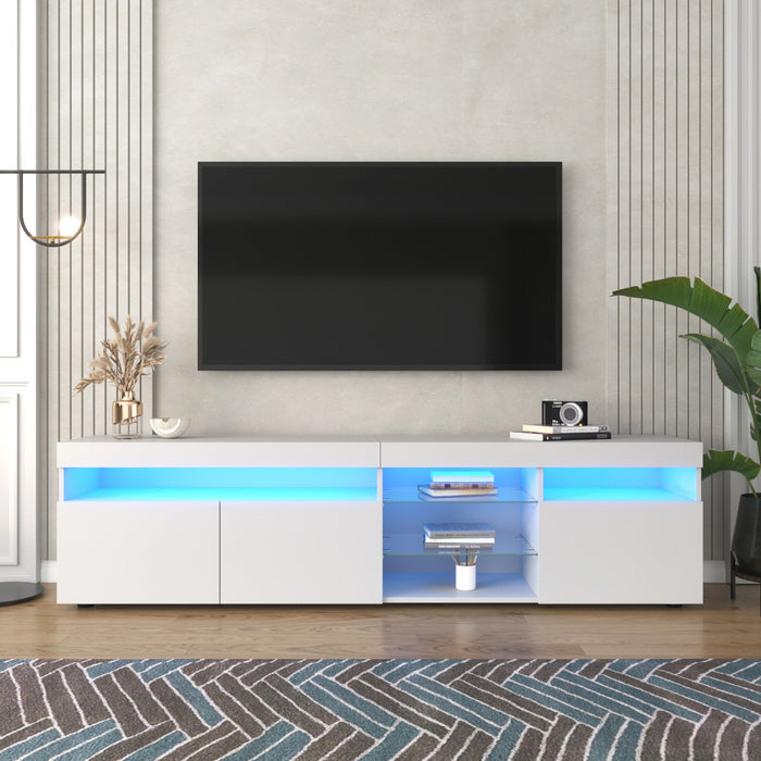 James 70.8\" Modern TV Cabinet with USB LED Lighting and High Gloss Front,White Tv Stand