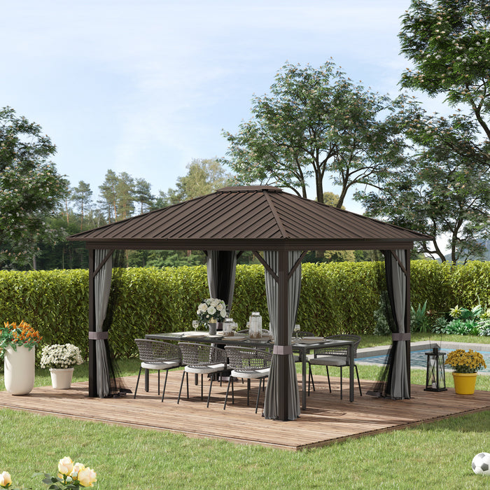 Outsunny 10' X 12' Hardtop Gazebo Canopy With Galvanized Steel Roof, Aluminum Frame, Permanent Pavilion Outdoor Gazebo With Netting, Curtains, Top Hook, Dark Grey