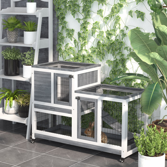 Pawhut Rabbit Hutch Indoor Bunny Cage Guinea Pig House On Wheels With Run, Pull Out Trays, Grey And White