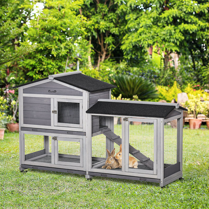 Pawhut 62\" Wooden Rabbit Hutch, Bunny Cage With Wheels, Run Box, Tray, Ramp For Small Animals, Guinea Pig, Indoor Outdoor Use, Light Grey