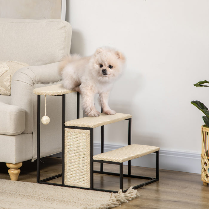 Pawhut 20\" 3 Steps Cat Stairs, Carpeted Ladder Ramp, Pet Steps With Scratching Board And Hanging Ball For Small Cats, Steel Frame, Cream White