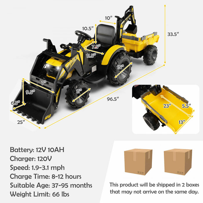 3-in-1 Kids Ride On Excavator Bulldozer 12v Electric Tractor Remote W/ Trailer Yellow