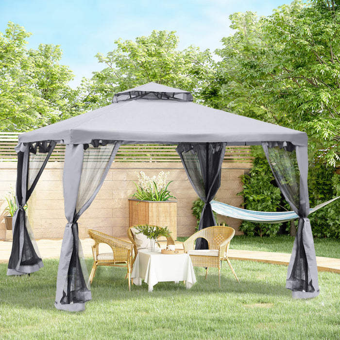 Outsunny 9.6' X 9.6' Patio Gazebo Outdoor Pavilion 2 Tire Roof Canopy Shelter Garden Event Party Tent Yard Sun Shade Steel Frame W/ Mosquito Netting Grey