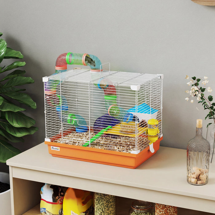 PawHut 18\"L Hamster Cage, Small Animal House, 2-Level Rat Gerbil Haven with Tunnel Tube System, Exercise Wheel, Water Bottle, Food Dish, Ramp, Orange