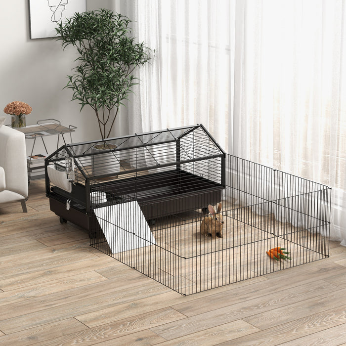Pawhut Metal Small Animal Cage, Rabbit Cage For Guinea Pig, Chinchilla, Hedgehog, Bunny With Removable Wheels And Foldable Detachable Run Fence 47.2\" L X 66.9\" W X 24.4\"h